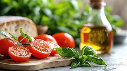 Wall Mural - Fresh tomatoes, basil, bread, and olive oil.  Mediterranean food preparation