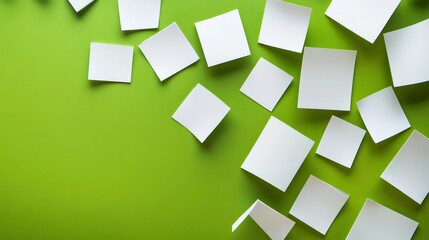 Poster - White blank sticky notes scattered on green background.