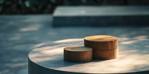 An outdoor modern design sculpture made of wooden cylinders arranged in a pattern on a circular stone surface.
