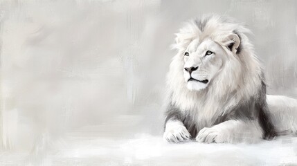 Wall Mural -  a white lion laying down in the snow, painted in a realistic style The lion is surrounded by a white background, giving the painting a peaceful and serene atmosphe