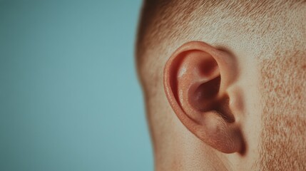 Aufkleber - Detailed image of a man's ear highlighting the intricate structure and emphasizing the importance of hearing health and auditory perception in a minimalist style against a light blue background