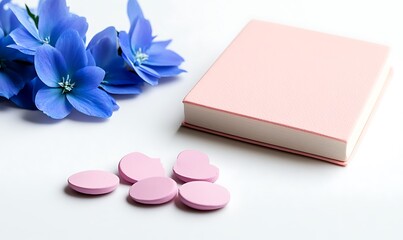 Wall Mural - Pink book with heart-shaped candies and blue flowers on white background