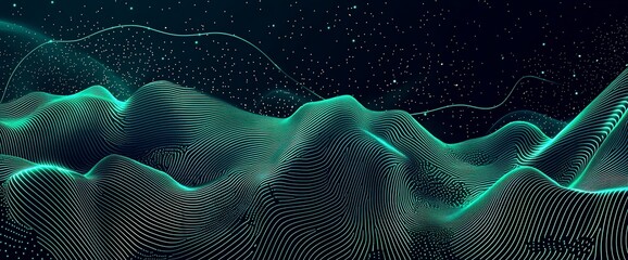 Poster - Abstract teal digital landscape with glowing lines and particles.