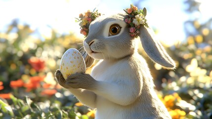 Poster - Playful bunny holding a decorated egg in a vibrant flower garden