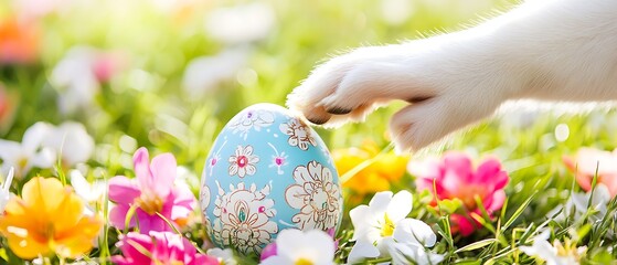 Poster - Playful pet paw gently touches a colorful Easter egg in a garden