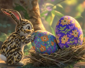 Poster - Playful rabbit curiously examines colorful Easter eggs in a serene garden