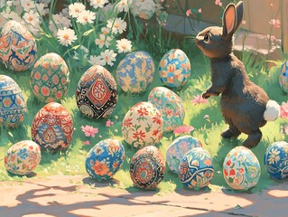 Poster - Playful rabbit exploring a vibrant garden filled with decorated eggs