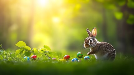 Poster - Playful rabbit exploring colorful Easter eggs in a sunlit garden