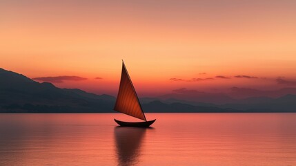 Wall Mural - Tranquil Sunset Over Water with Sailing Boat and Colorful Sky