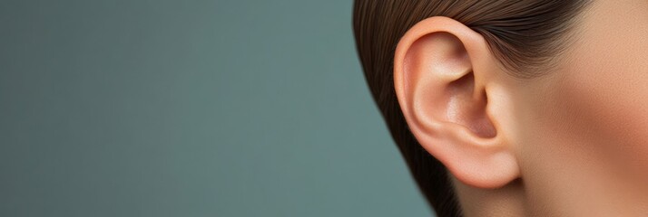 Poster - Close up view of a young woman's ear, showcasing its pristine condition while highlighting the significance of maintaining healthy hearing and the role of otolaryngology in wellness
