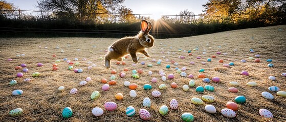 Poster - Playful rabbit hopping among colorful Easter eggs on sunny field