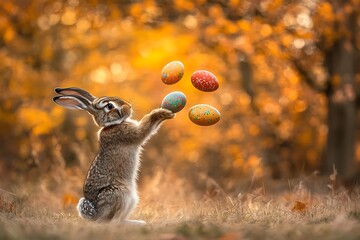 Poster - Playful rabbit juggling colorful Easter eggs in a vibrant autumn setting