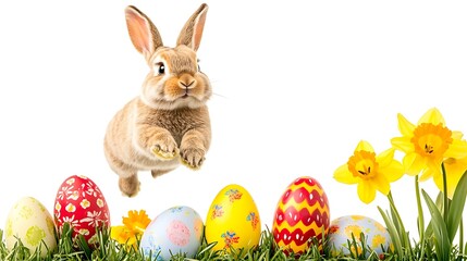 Canvas Print - Playful rabbit leaping over colorful Easter eggs in a vibrant garden