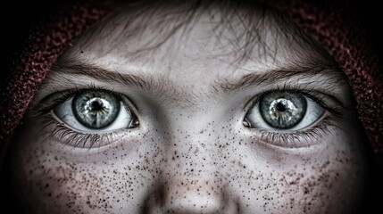 Wall Mural -  a close up of a person with freckles on their face, wearing a maroon cloth on their head The background is dark, giving the image a mysterious and captivating atmo