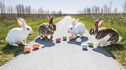 Poster - Playful rabbits gathered around colorful Easter eggs on a sunny path