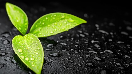 Wall Mural -  a green leaf with water droplets on it, set against a black background The leaf is vibrant and lush, and the droplets glisten in the light, creating a beautiful co