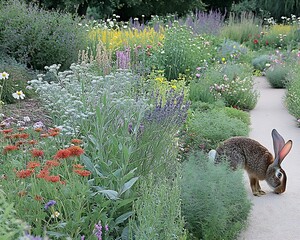 Poster - Rabbit foraging in a vibrant garden filled with blooming flowers