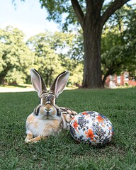 Poster - Rabbit lounging on grass beside decorative ball under a large tree