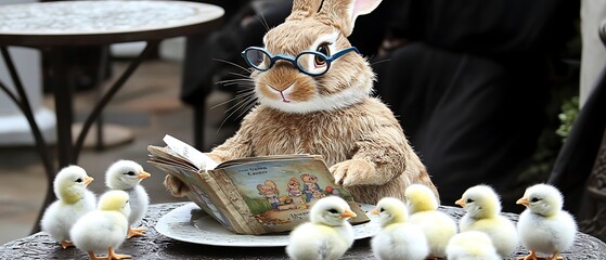 Poster - Rabbit Reading a Book to Chicks in a Cozy Outdoor Setting