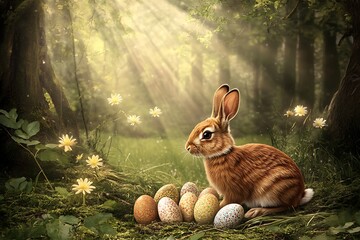 Poster - Rabbit Sitting Among Colorful Easter Eggs in a Sunlit Forest