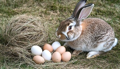 Poster - Rabbit sitting beside a nest of eggs in a grassy outdoor setting