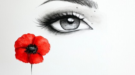 Wall Mural -   a beautiful watercolor painting of a woman's eye with a red poppy flower in the center, set against a white background