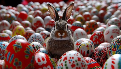 Poster - Rabbit Surrounded by Colorful Easter Eggs at a Festive Celebration