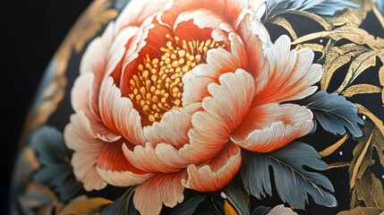 Aufkleber - Lush and vibrant peony flower in full bloom with delicate soft pink petals and rich green leaves against a dark textured background  This elegant