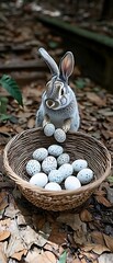 Canvas Print - Rabbit surrounded by colorful eggs in a natural forest setting