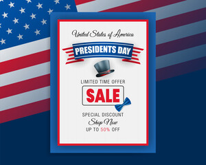 Poster - Holidays, design, background with handwriting texts and national flag colors for American Presidents Day, sales and commercial event; Vector illustration.