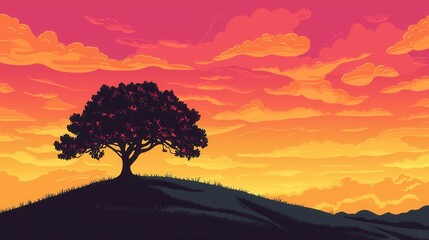 Wall Mural - Vibrant Sunset Over Silhouette Tree on Rolling Hills