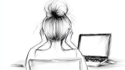 Wall Mural -  a woman sitting at a desk with her head in her hands, looking intently at a laptop on the table in front of her