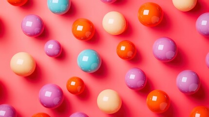 Poster - Colorful spheres arranged in a repeating pattern on a pink background.