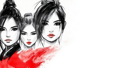 Wall Mural -  a painting of three women with long hair and red lipstick against a white background The women are depicted in a realistic style, with detailed facial features and