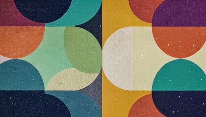 Poster - geometric abstract textile pattern with colorful overlapping circles and rectangles, mid-century modern design for background, prints, and decor

