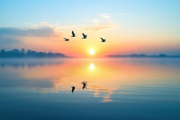 Wall Mural - Birds ascend from reflective water at dawn with warm sunlight illuminating the horizon