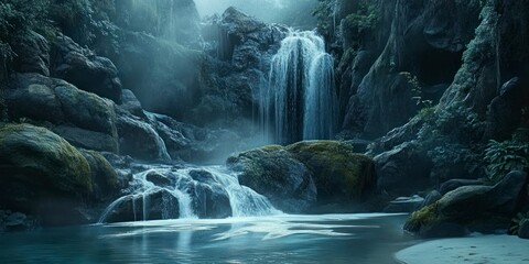 Wall Mural - A fantasy scene of rocks and waterfalls, with the bottom left corner being wet, blue sand. The rocks have dark green vegetation on them.