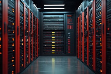 Poster - Data processing technologies showcased in modern server room with cloud infrastructure
