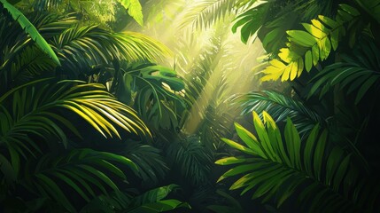 Poster - Lush Tropical Jungle with Sunlight Streaming Through Dense Foliage