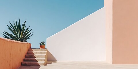 Poster - Serene architectural scene with stairs, plants, and clear sky backdrop