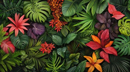 Poster - Lush Tropical Foliage with Vibrant Flowers and Green Leaves