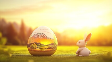 Poster - Serene landscape with a painted egg and a rabbit at sunset