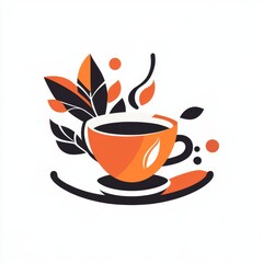 Wall Mural -  a cup of coffee with a saucer and leaves on a white background The cup is filled with a steaming hot beverage, likely coffee, and the leaves are a vibrant green, a