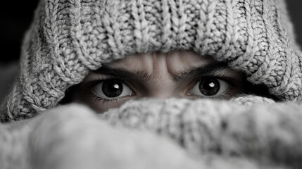 Wall Mural -   a man wearing a knitted hat and scarf, peeking out from under the blanket The background is blurred, giving the focus to the man's face