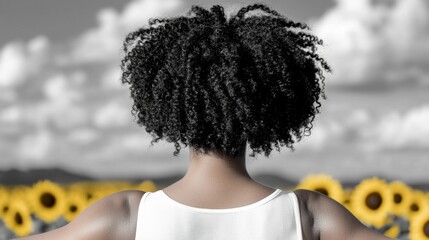 Wall Mural -  a woman standing in front of a field of sunflowers, wearing a white dress The background is slightly blurred, giving the image a dreamy feel