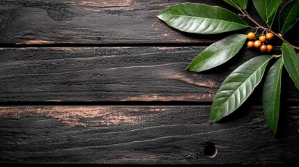 Wall Mural -  a black wooden table with green leaves and berries on it The leaves are a vibrant green color and the berries are a deep red hue The table is made of a dark wood,