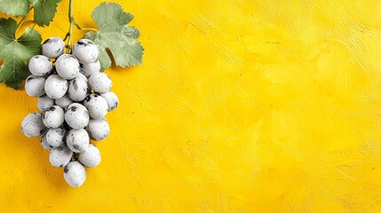 Canvas Print -  a bunch of white grapes with green leaves on a bright yellow background