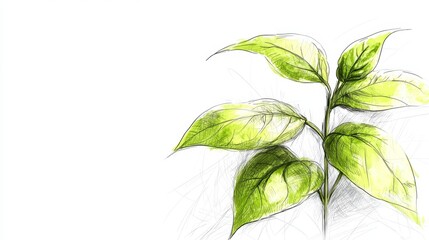 Wall Mural -  a drawing of a plant with green leaves on a white background The leaves are detailed and realistic, with each leaf having a unique shape and texture The white bac