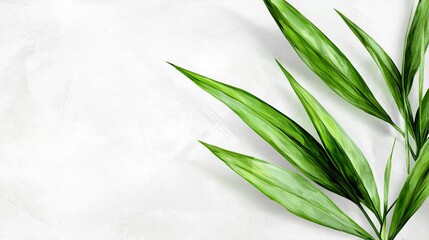 Wall Mural -  a green palm leaf on a white background The leaf is vibrant and lush, with a deep green hue The white background provides a stark contrast to the leaf, making it