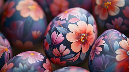 Wall Mural - Vibrant and Colorful Painted Easter Eggs with Intricate Floral Nature Holiday Background